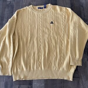 VTG IZOD Cotton Sweater Adult XL Butter Yellow Crewneck cable knit Preppy pullov